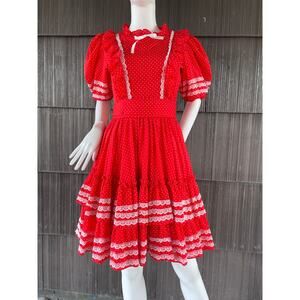 🔥VTG Jeri Bee Red White Lace Ruffled Puff Sleeve Rockabilly Square Dance Dress